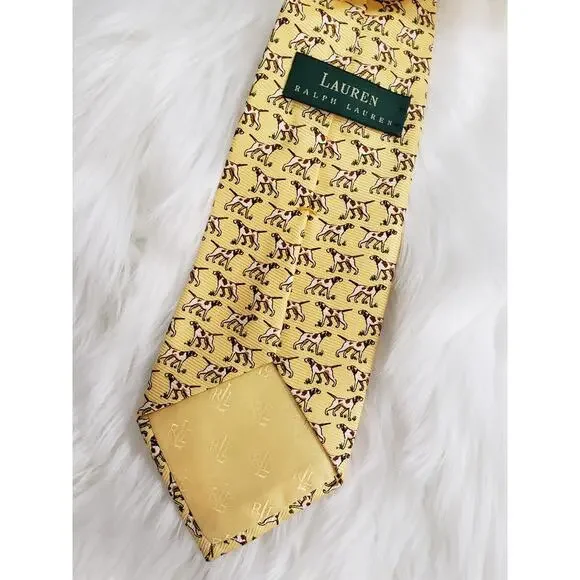 Vintage Polo Ralph Lauren Tie Dog Print 100% Silk Pointer Terrier Hunting Dog‎
